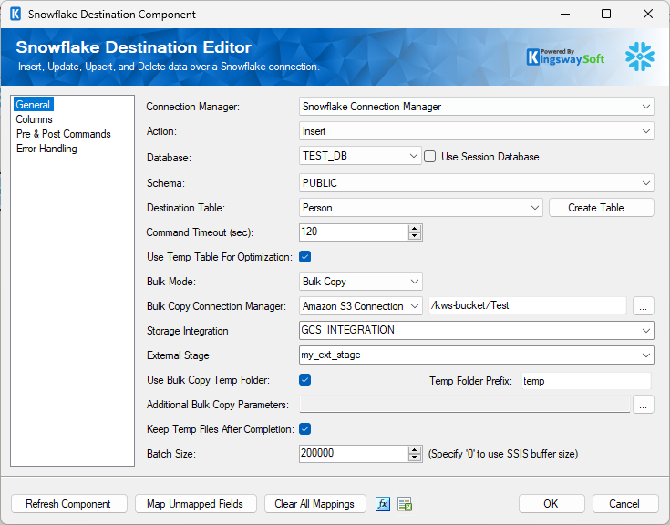 Snowflake Destination - General Page